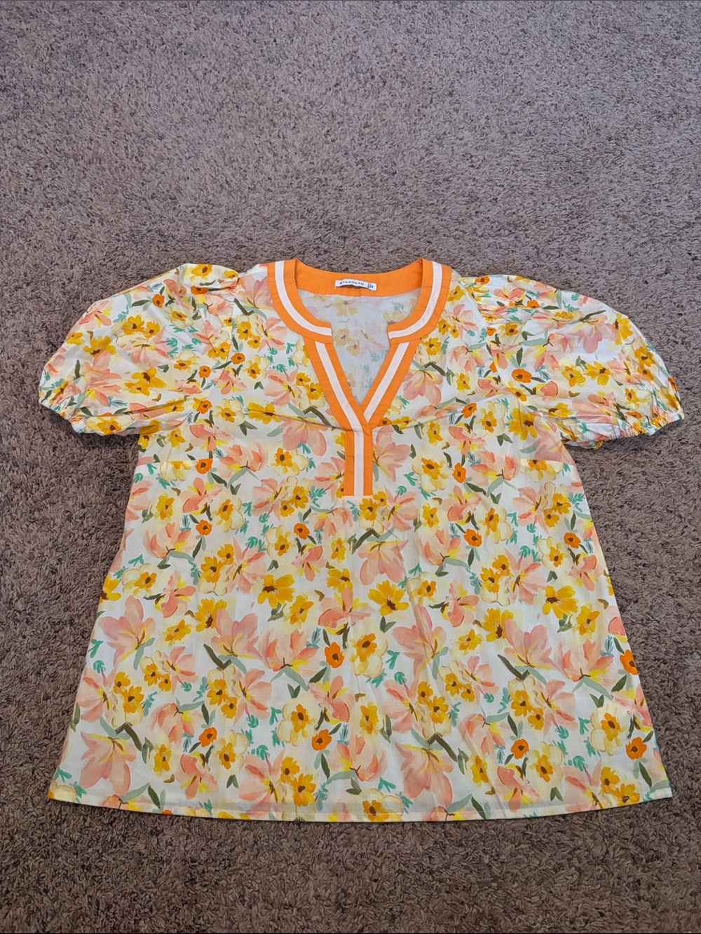 Staccato Floral Puff-Sleeve Top Yellow & Peach M